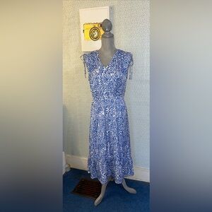 Loft Women's Blue White Sleeveless Midi Stretch Floral Print Dress M